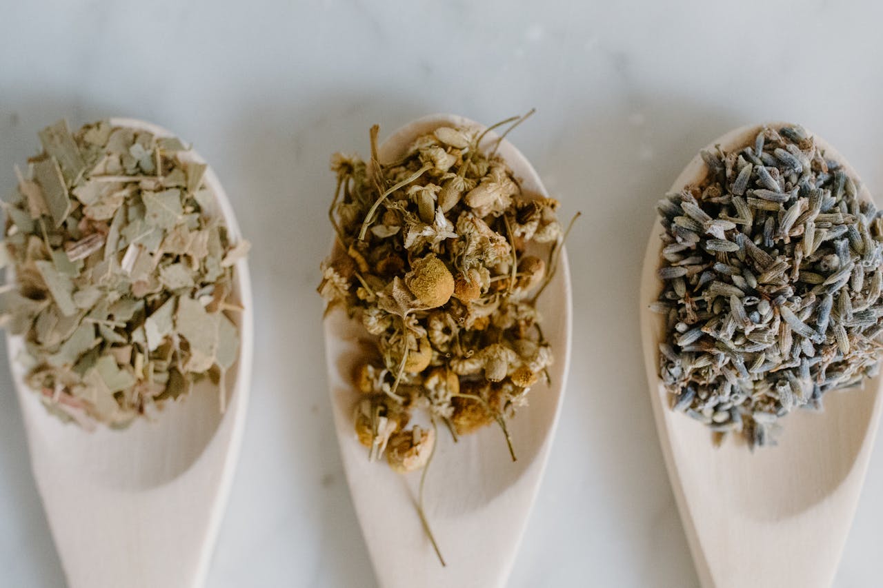 Close-Up Shot of Herbal Medicines on Wooden Spoons